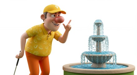 Cartoon golf player looking at a fountain