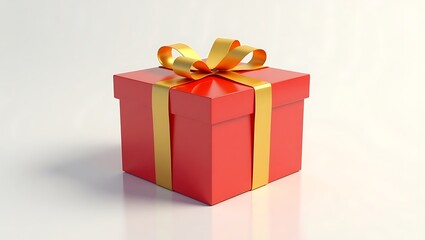 Obraz premium A single red gift box with a golden ribbon tied in a bow on a white background