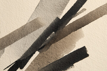 Watercolor, ink wash abstract background. Minimalist geometric shapes, lines, and stripes in a neutral, monochromatic palette. Calm, elegant, and modern aesthetic.