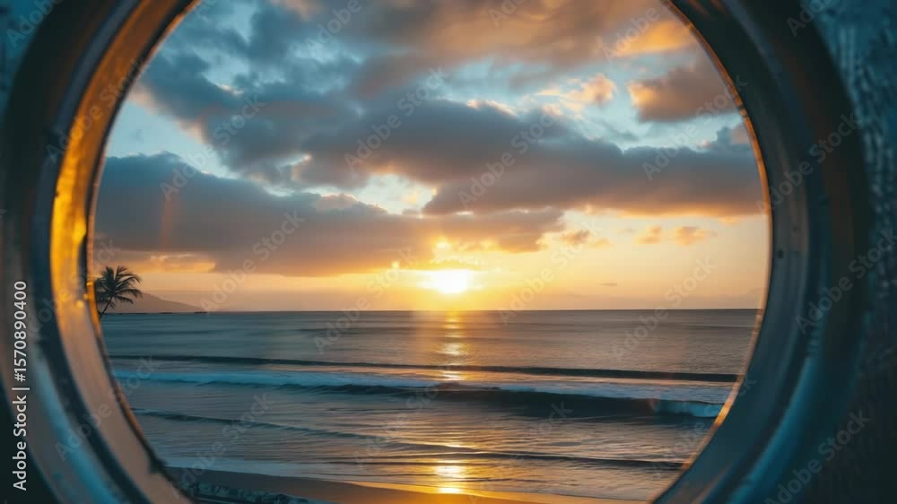 Poster a glimpse of the ocean visible through a round window, perfect for use in travel or nature-related p