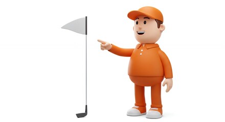 Cartoon golfer points to golf flag