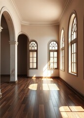 Obraz premium Empty room with arched windows and wooden floor Empty room interior design architecture blank design room