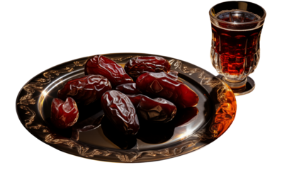 Still life of dates on a silver plate with glass of red liquid against a transparent background