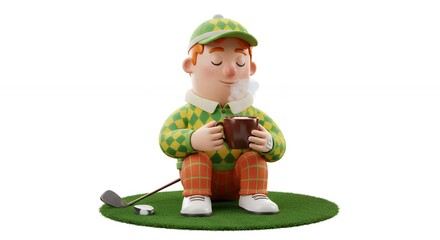 Cartoon golfer sitting on mini golf course relaxed posture