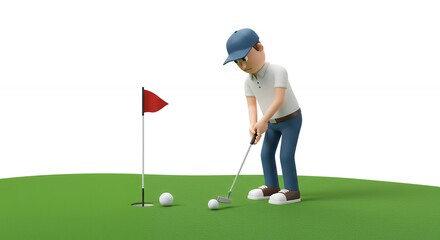 Cartoon golfer putting on green golf course