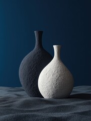 Two textured ceramic vases, one dark gray, one off-white, sit on a dark gray textured surface against a deep blue backdrop, lit with dramatic shadowing