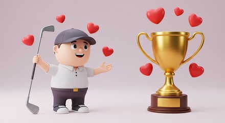 Cartoon golfer with trophy and hearts