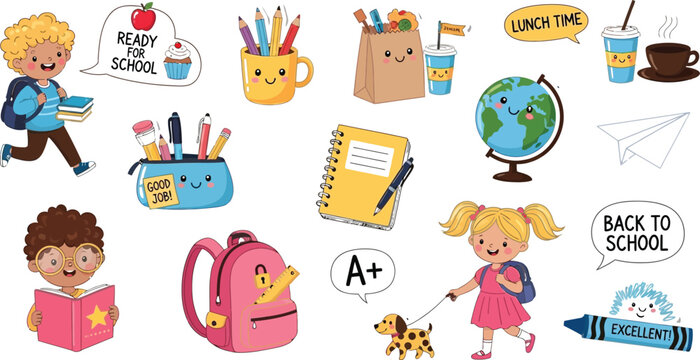 Back to school stickers cute school supplies kids learning education classroom study student teacher 100 char