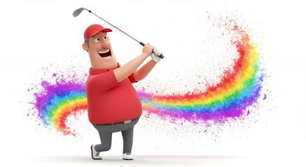 Cartoon man playing golf with rainbow effect