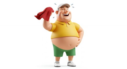 Cartoon man wiping his brow with towel