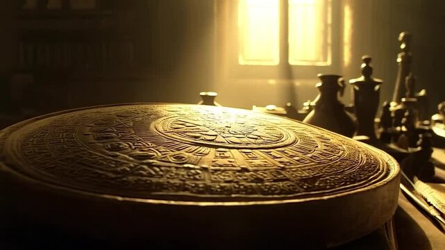 Ornate, circular, carved stone slab, likely ancient or historical, sits atop a wooden base.  Etched symbols radiate from the center.  Surrounding objects suggest a study or workshop