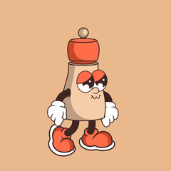 Retro character design of sad salt and pepper grinder