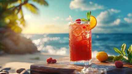 Obraz premium Bright fruity cocktail overlooking sunny ocean scene high resolution picture
