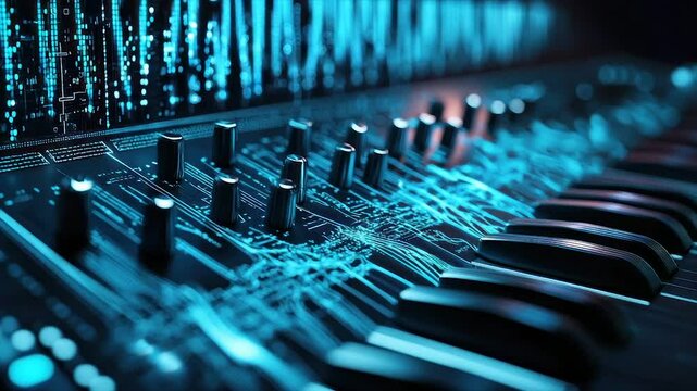 Futuristic synthesizer with illuminated keys and knobs, displaying digital waveform data