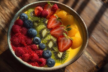 colorful smoothie bowl with fresh fruits, top-down view, natural light, tropical setting