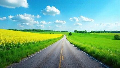 Sunlit Country Road Winding Through Lush Green Farmland, Idyllic Rural Scene Perfect for Travel and Adventure