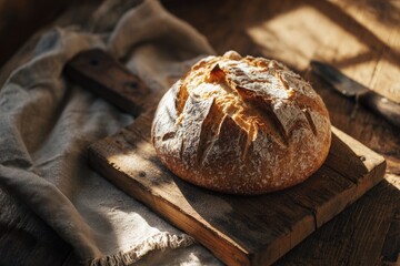 artisan bread on wooden cutting board, warm tones, soft natural shadows, rustic aesthetic