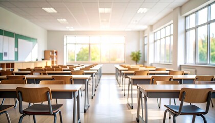 Blurred empty classroom in an elementary school or high school with desks and chairs