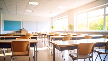 Blurred empty classroom in an elementary school or high school with desks and chairs