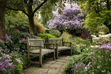 Two weathered wooden benches flank a stone path nestled amongst a vibrant, blossoming garden teeming with purple, white, and yellow flowers under a canopy of lush green trees