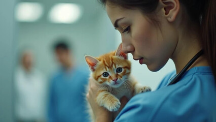 Cute small kitten at the vet. Close up. 