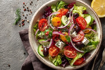 top view of fresh salad in ceramic bowl, vibrant ingredients, health-focused look