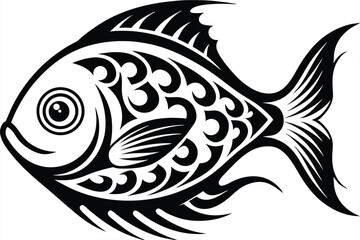 An ornate black and white fish displays intricate tribal tattoo inspired swirling patterns