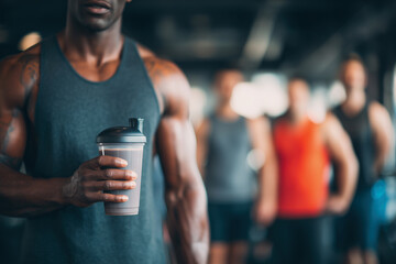A man is holding a protein shake in a cup
