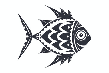 Bold stylized fish with tribal motifs swims left against a clean white background