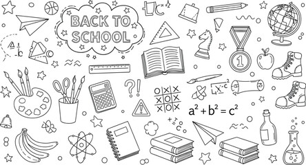 Back to school doodles seamless pattern background with education and learning related objects vector design