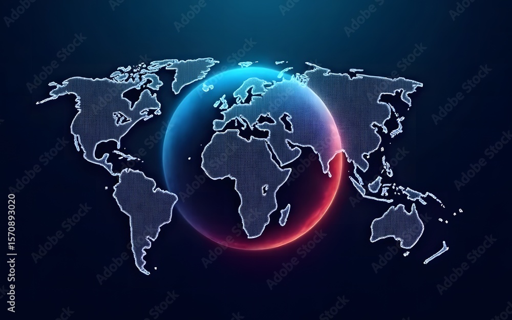 Poster an illuminated globe stands out from a stylized world map, showing interconnectedness and global rea