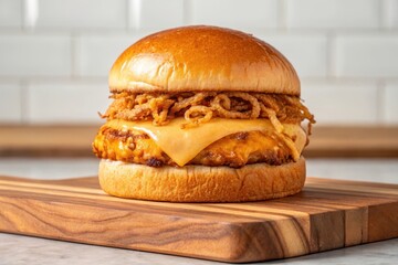 Delicious Burger with Melted Cheese and Crispy Onions on a Wooden Cutting Board