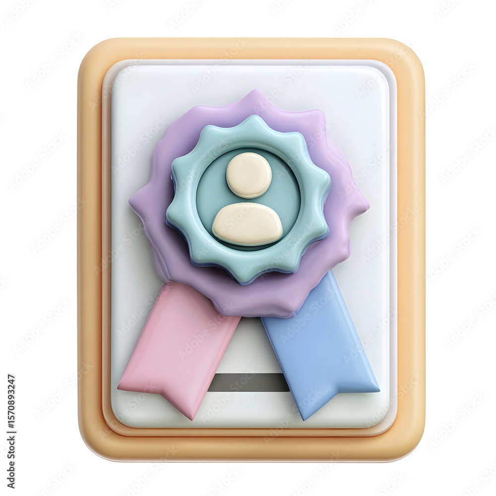 Aufkleber 3D icon of a verified ID card with a pastel colored badge or ribbon design featuring a smooth minimalist aesthetic and centered composition against a plain white background