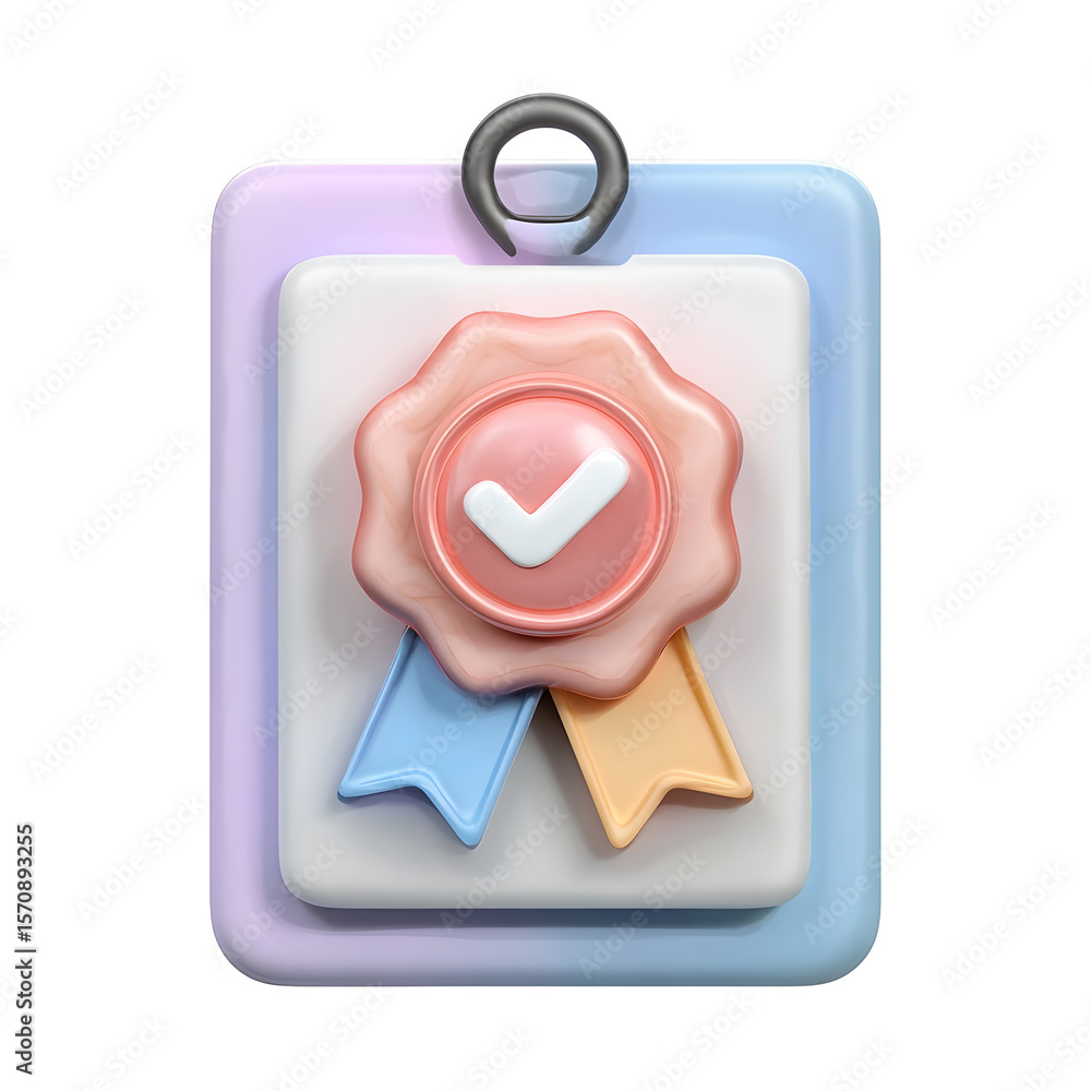 Aufkleber A 3D clay style icon of a verified ID card or document featuring a pastel colored badge or ribbon symbolizing approval certification or accreditation