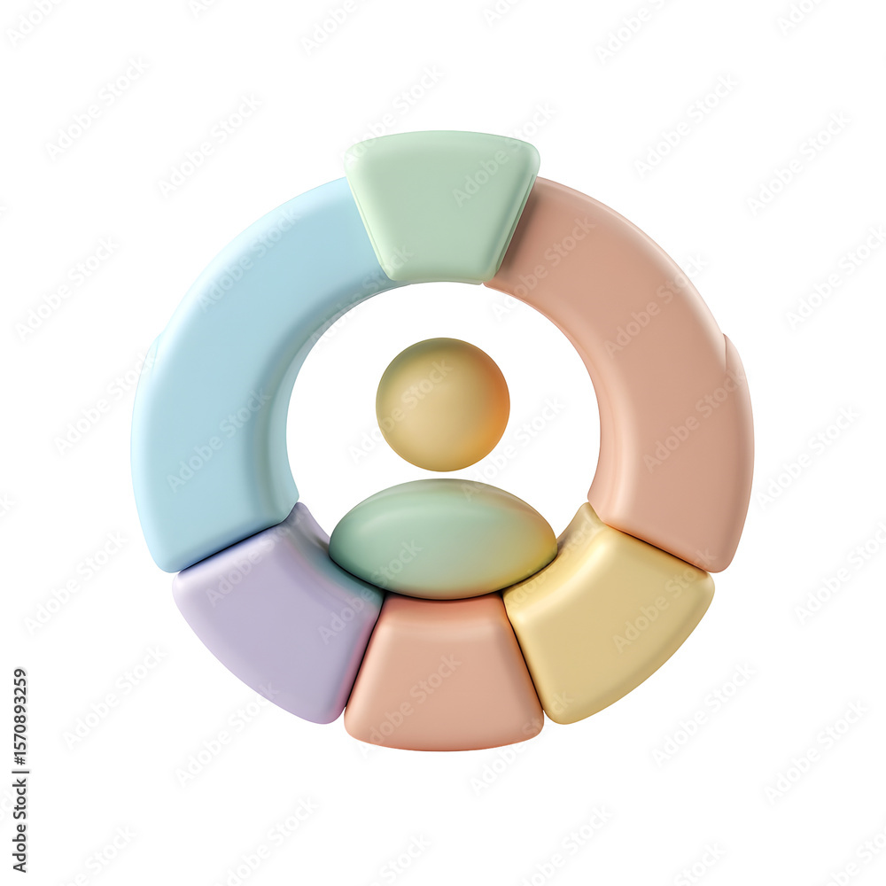 Aufkleber A minimalist pastel colored icon depicting a user profile represented by a pie chart with smooth clay like texture and segments in a balanced centered composition