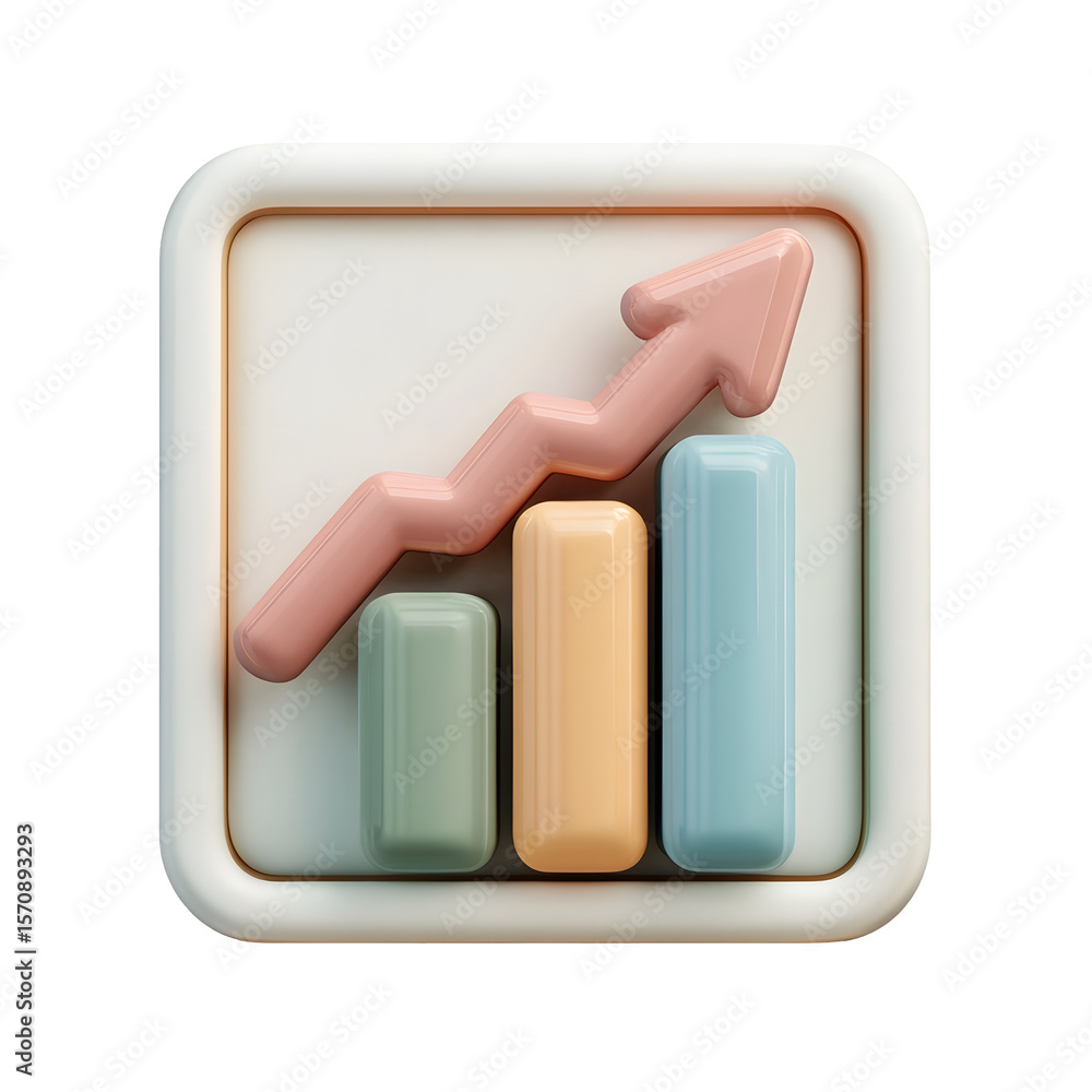 Poster minimalist 3d clay style icon depicting a bar chart and line graph with a rising trend indicating bu