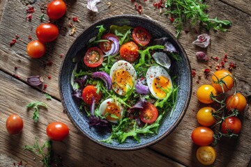 top view of fresh salad in ceramic bowl, vibrant ingredients, health-focused look