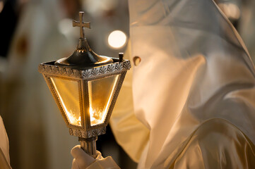 Unrecognizable Nazarenes during Spanish holly week celebration. High quality photo
