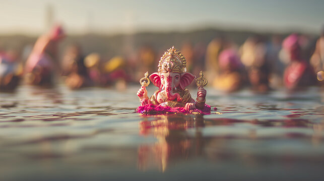 Immersed Ganpati Idol Floating in Water During Ganesh Visarjan Ritual &ndash; Peaceful Religious Moment at Chaturthi Festival