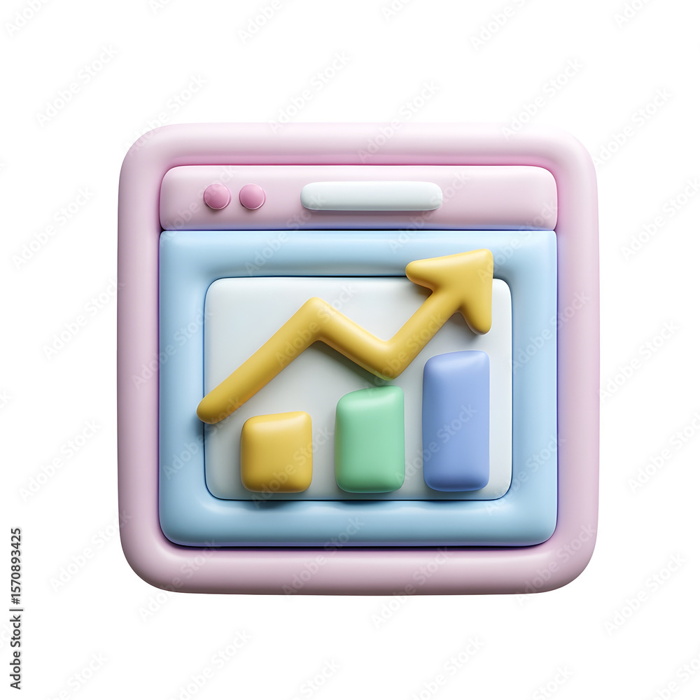 Aufkleber A minimalist clay style icon depicting a computer screen displaying a pastel colored bar chart and an upward arrow representing data analysis business growth and technological advancement