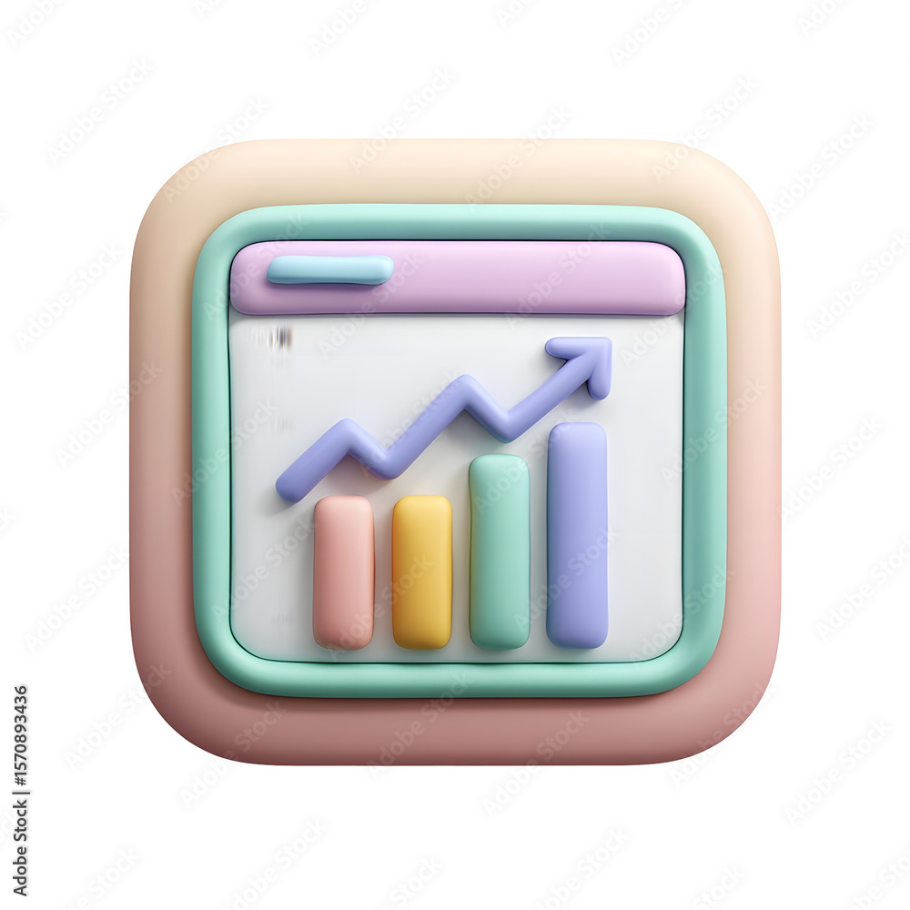 Poster Minimalist clay style 3D icon featuring a colorful bar chart and upward arrow symbolizing data analysis business growth and progress