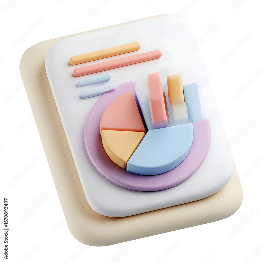 Aufkleber Pastel toned 3D icons depicting a pie chart and bar chart arranged on a clean white background with a minimalist clay like texture and smooth rounded forms