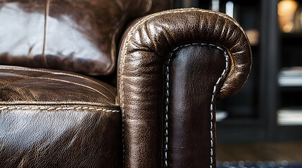 Close-up of leather armchair, rich brown tones, tufted details.  Possible use for interior design, furniture catalog