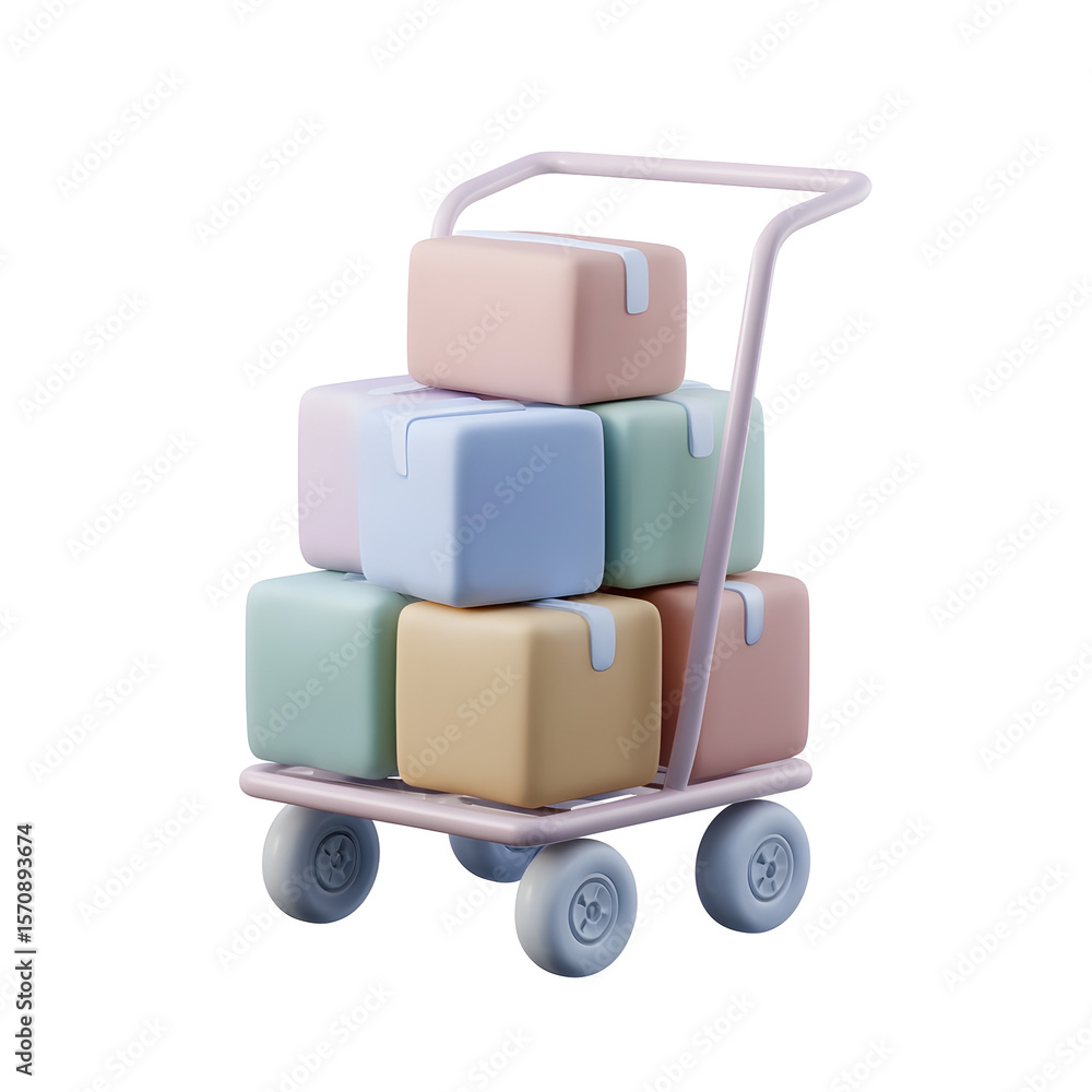 Poster a pastel colored minimalist trolley cart with stacked boxes in a soft smooth 3d clay style design ce