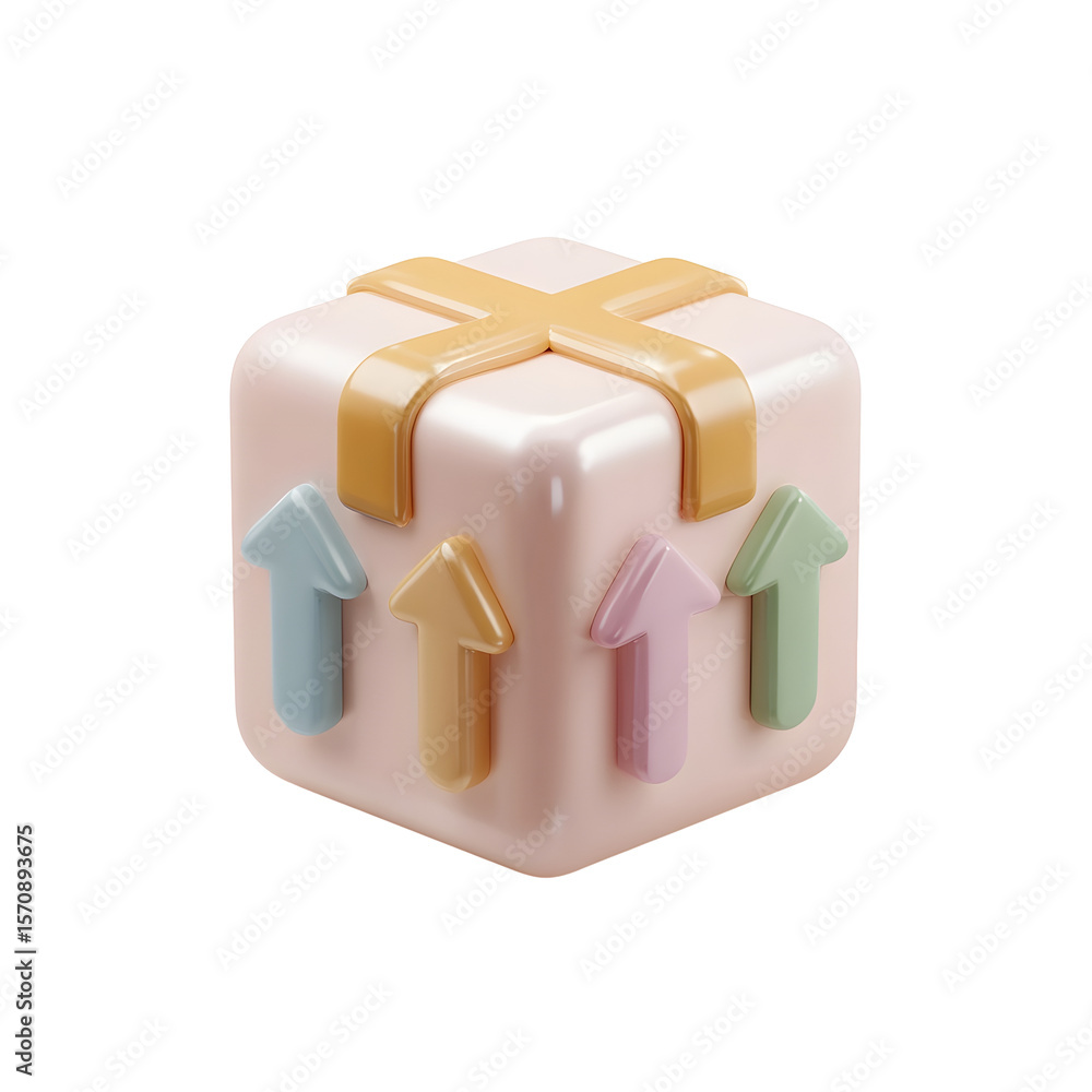 Aufkleber A 3D style pastel colored gift box with a simple minimalist design featuring upward pointing arrows and a tape seal set against a clean white background