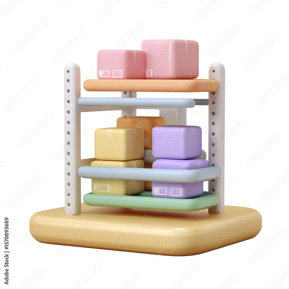 Aufkleber Neatly arranged pastel colored storage cubes and boxes displayed on a minimalist wooden shelving unit creating a clean and organized visual aesthetic