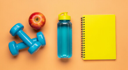 Minimalist flat image of healthy lifestyle essentials: dumbbells, water bottle, apple, and notebook neatly arranged on pastel background.