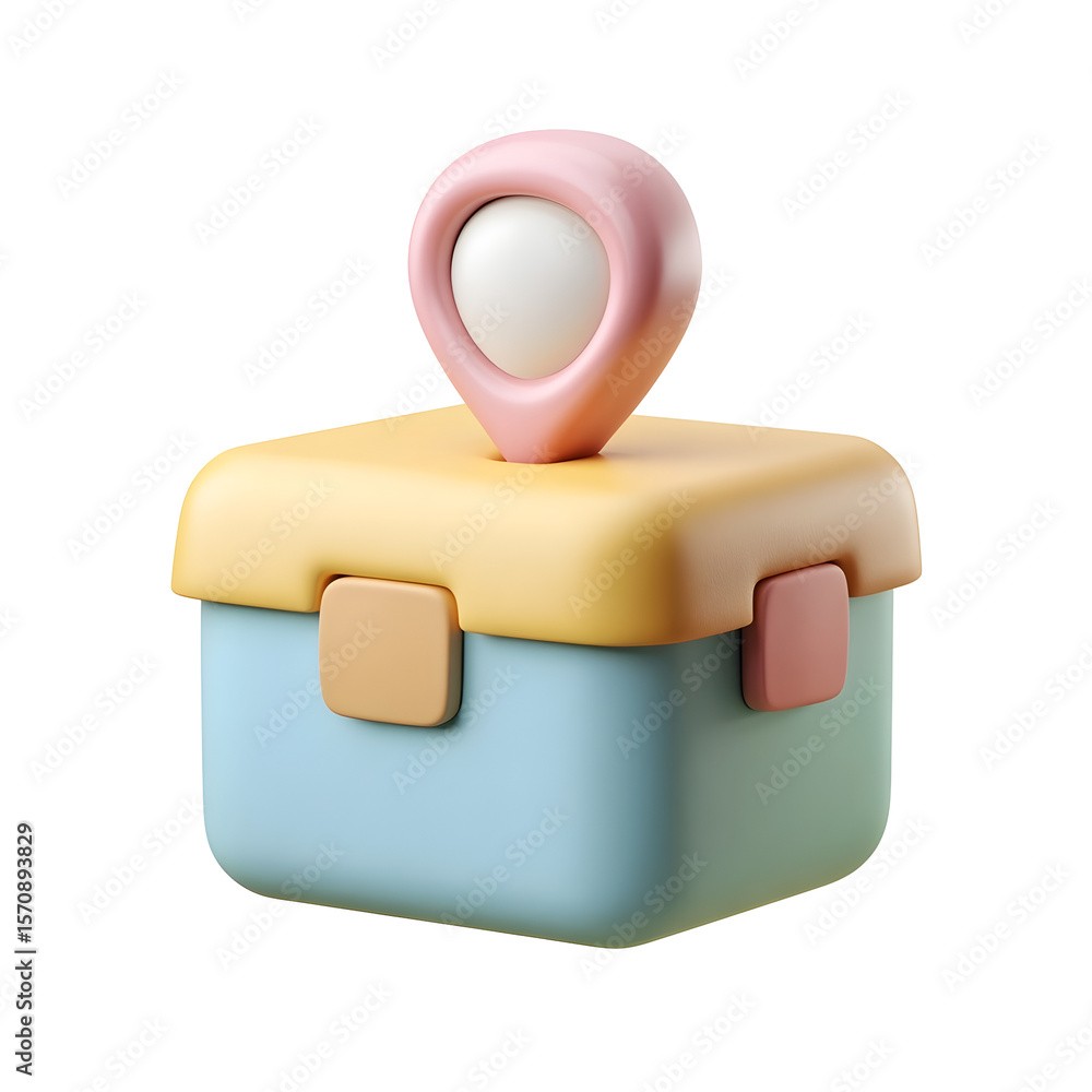 Poster a minimalist 3d clay style icon depicting a delivery package with a location pin featuring a soft sm