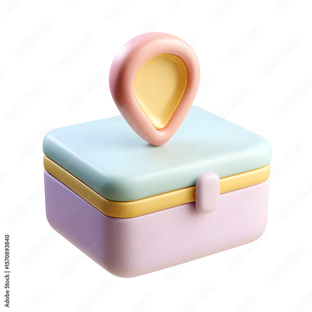 Poster a minimalist 3d rendering of a pastel colored delivery box with a location pin icon symbolizing ship