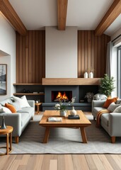 Fototapeta premium Cozy living room interior scandinavian interior with wooden table and fireplace Empty room interior design architecture blank design room